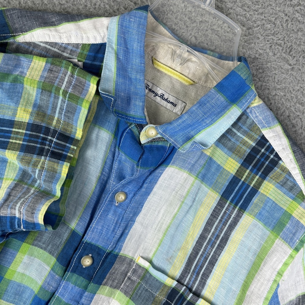 Tommy Bahama Shirt Mens Medium Plaid Linen Button Up Casual Summer Beach Resort